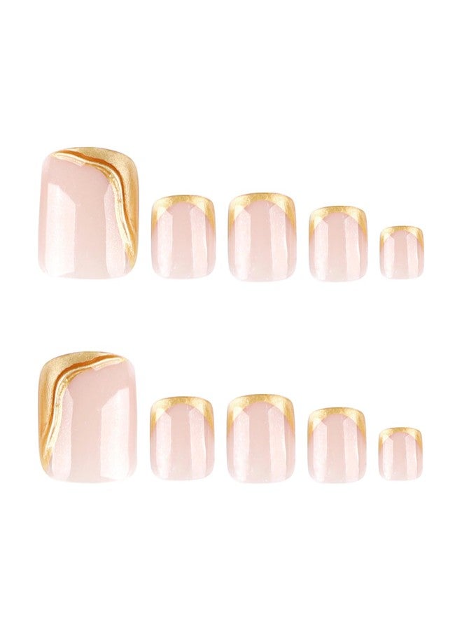 MISUD Press on Nails - Toe Glue on Nails with Gold Chrome, Acrylic Toenails French Tip Design 24 pcs - Image 2
